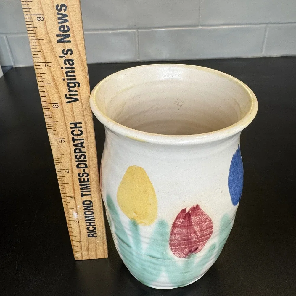 Hartle Pottery Vase Home Decor Small Cream Multi Color Hand Painted Tulips